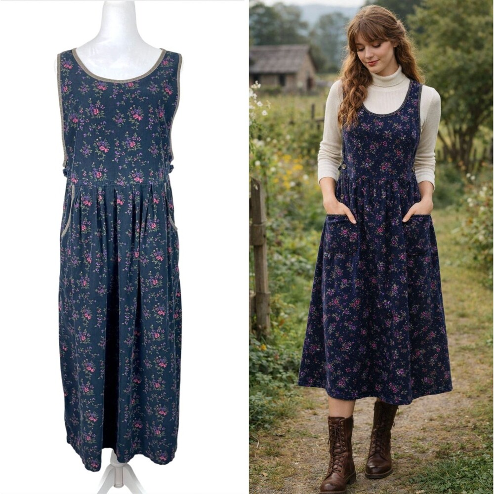 Vintage 90s Erika & Co Floral Corduroy Jumper Dress M Cottagecore Soft Grunge